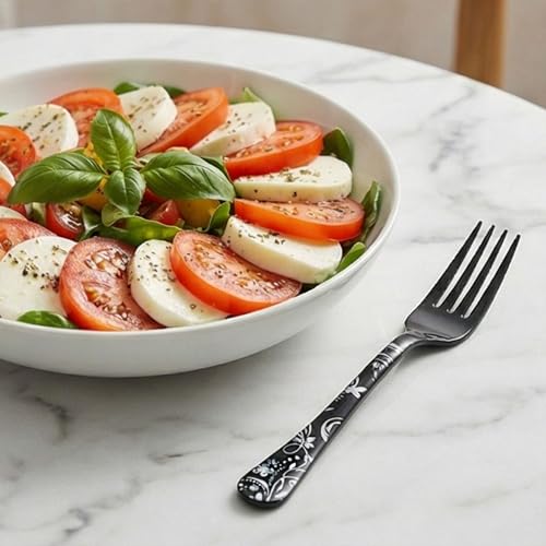 Image of 6.7 inch Charcoal Black Salad Forks with Floral Printed Handle | Set of 5 Durable Stainless Steel Fruit Forks | Mirror Polished Silverware for Home, Restaurants, and Gift Giving