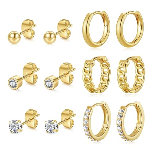 BMMYE Small Gold Cartilage Mini Sleeper Earrings - Huggie Hoop & Tiny Studs in 14K Gold for Multiple Piercing