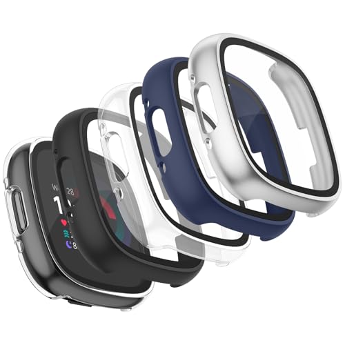 Vancle Case for Fitbit Versa 4 / Fitbit Sense 2, 4-Pack Screen Protector Tempered Glass Full Around Hard PC Case with Sensitive Touch Film Protective for Fitbit Sense 2 / Versa 4(Black + Transparent + Navy Blue + Silver)