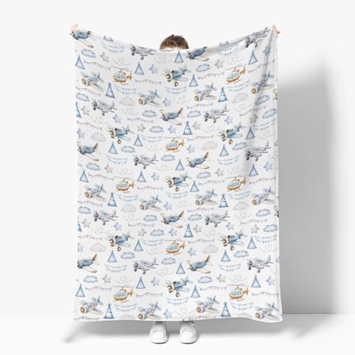 Image of Vintage Planes Airplanes Helicopters Baby Blankets for Boy Girl Plane Stars Clouds Sky Soft Flannel Nursery Bed Blankets for Infant Toddler Crib Swaddle Receiving Blankets 50x60