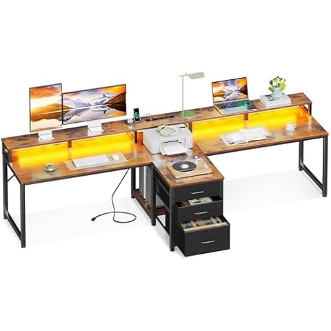 Coleshome 94" Computer Desk with Fabric Drawer & File Cabinet- 2 Person Home Office Desk with Power Outlet & LED Light, Long Writing Desk with Monitor Stand, Storage Shelves, Study/Work Table, Vintage Cover