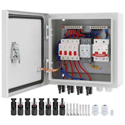 4 String Metal Solar Combiner Box IP65 Waterproof PV Combiner Box with 20A Rated Current Fuse 63A Air Circuit Breaker Lightning Arrester for On/Off Grid Solar Panel System