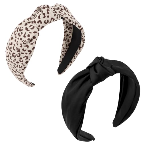 Wecoe 2pcs Headbands for Women, Fashion Stylish Top Knotted Headband Wide Cloth Hairband Hair Accessories for Women & Girls (Brown Printed & Black)