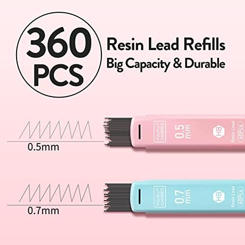 Four Candies Cute Mechanical Pencil Set, 6PCS Pastel Pencils 0.5mm & 0.7mm with 360PCS HB Pencil Leads, 3PCS Erasers and 9PCS Eraser Refills, Aesthetic Mechanical Pencils for Girls Writing 1