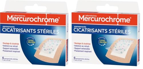 MERCUROCHROME - Pansements Cicatrisants Stériles - Soulage et Cicatrice - Indolore au retrait - Support extensible - Pansement Respirant - x6-7cm x 5cm - Technologie Lipido Colloïde (Lot de 2)