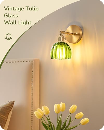 Image of EDISHINE Vintage Brass Wall Sconces with Adjustable Green Tulip Glass Shade | Hardwired, 180 & 270 Adjustable, Rotary Switch, Vintage & Modern, E26, Ideal for Bathroom, Bedroom, Hallway