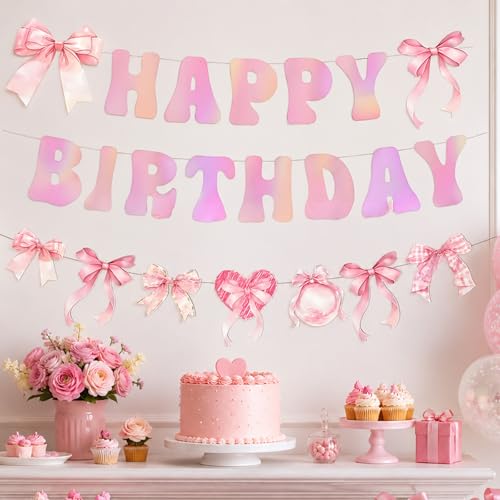 3 Piece Happy Birthday Banner, Pink Birthday Decorations for Girls Women, Pastel Birthday Letter Banner with Bow Garland, Coquette Bow Party Decorations for Backdrop Wall Dessert Table