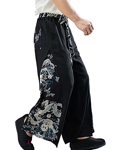 Ystylee Men's Wide Leg Dragon Print Patchwork Hippie Loose Chinese Yoga Harem Hip Hop Baggy Pants (as1, Alpha, x_l, Regular, Regular, Black)