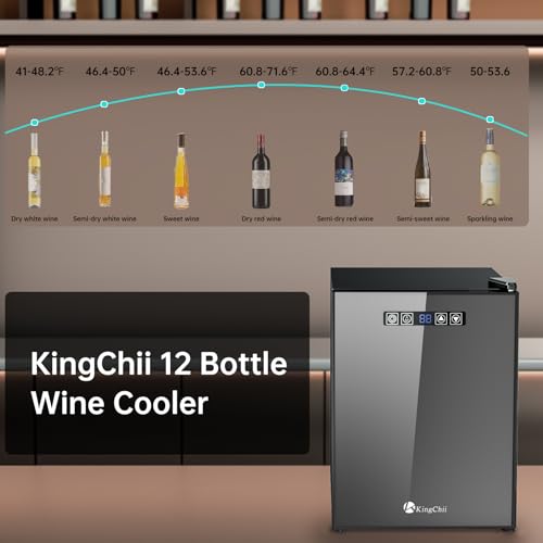 Image of KingChii 12 Bottle Wine Cooler, Freestanding Wine Fridge with Glass Door, Adjustable Shelves & Digital Temperature Display Wine Refrigerator for Red, White, Champagne - Perfect for Home, Kitchen, Bar