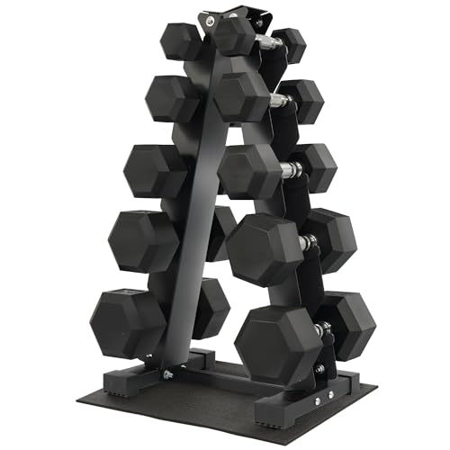 150 lb Dumbbell Set with Rack &ndash; 5/10/15/20/25 lb Pairs, Rubber Hex Weights for Home Gym, Cast Iron...
