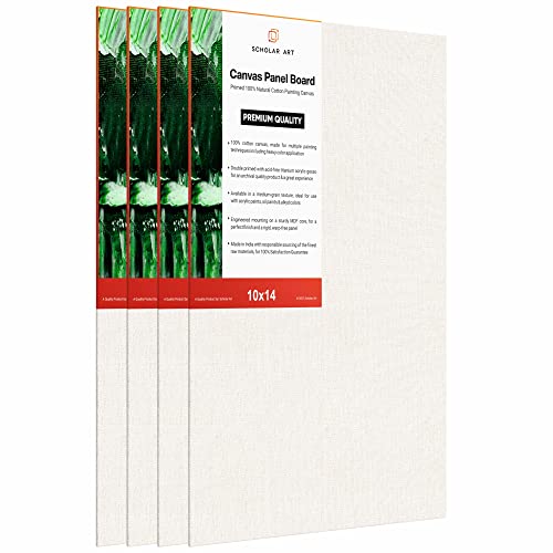 Image of Scholar Art Hobby Series 04 Oz (230 GSM) 100% Cotton Canvas Panel Board for Painting (White Blank Canvas Boards for Acrylic Paint, Oil Paint, Wet & Dry Media) | 10 inchx14 inch (25x35 cm), Pack of 4