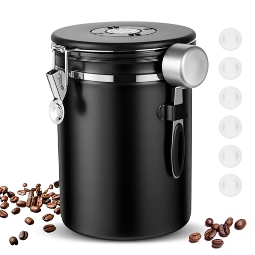 Osrioal Coffee Bean Storage, 2.8L Airtight Coffee Canister with Measuring Scoop, Date Tracker & 6 CO2 Valves, Stainless Steel Vacuum Storage Jar Storage Container for Freshness