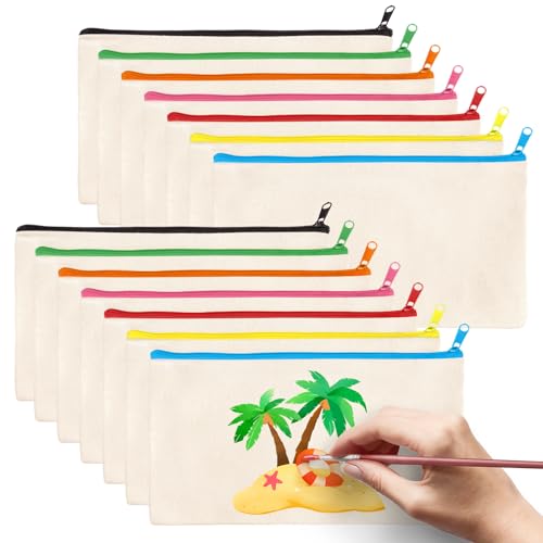 GOLXUWO 14 Piezas Bolsas DIY con Cremallera y Tela Blanca 21x12 cm, Pintar y Personalizar, DIY