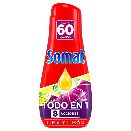 Somat Gel Todo en 1 Lima y Limón (60 lavados), detergente lavavajillas con gran poder de limpieza, lavavajilla líquido para una vajilla limpia y brillante, jabón lavavajillas para ciclos cortos