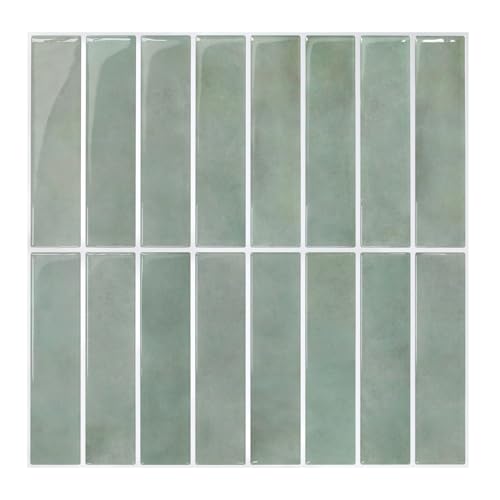 Azulejos Adhesivos Cocina Verde vintage, 10 Piezas 30.5 x 30.5 cm, Azulejos Autoadhesivos 3D, Línea Recta Vertical, Baldosas Adhesivas de Vinilo para Salpicadero en Cocina y Baño, Impermeables