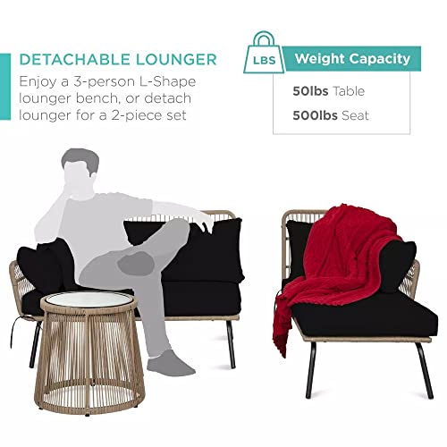 Image of DEVOKO 3 Piece Outdoor Comfortable L-Shaped Sectional Rope Conversation Lounge Sofa Set with Glass Top Table for Balcony, Patio, Garden, Pool (Beige & Black)