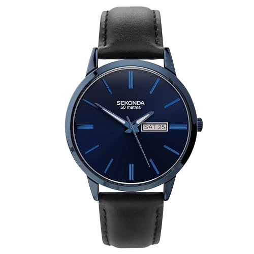 Sekonda Mens 40mm Quartz Watch Blue Case and Black Leather Strap with Blue Dial 1843