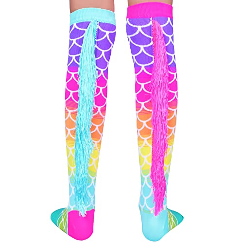 Mermaid Socks, Dazzling Knee-High Socks with Blue & Pink Tassles