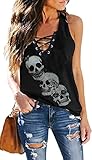 Fensajomon Skull Shirt for Women V Neck Lace Up Sleeveless Casual Summer Workout Yoga Tank Top