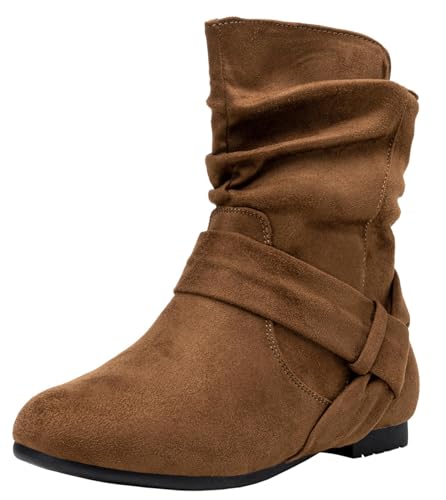 Vepose Women’s Slouch Ankle Flat Boots, Brown Suede Short Low Heel Zipper 939A Booties, Size 8M US, (CJY939A Brown 08)