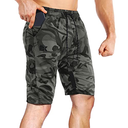 BROKIG Mens Thighs Mesh Gym Workout Shorts, Bodybuilding Slim Athletic Running Shorts for Men with Zipper Pockets (Camo Green,Medium)
