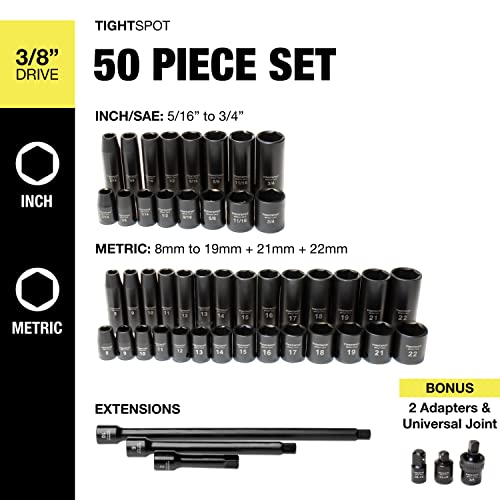 Image of TIGHTSPOT 3 /8 inch Drive 50pc Impact Socket PRO SET, our Most Popular Set Ever with SAE & Metric from 5 /16 Inch - 3 /4 Inch, 8mm-19mm + 21mm + 22mm, Standard /Deep Sockets, Extension Bars, Adapters & More