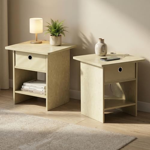Image of Furinno Dario Set of 2 Square Side Table, End Table, Beige Marble | with Storage Bin, Round Corner Night Stand, Bedside Table with Open Back Shelf, for Living Room, Bedroom