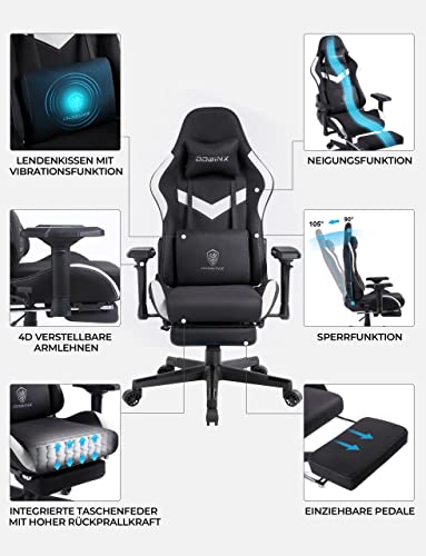 Sedia da ufficio da gaming, in tessuto, ergonomica, con funzione di massaggio, poggiatesta, cuscino lombare e poggiapiedi, bianco e nero - Sedia gaming - Immagine 5