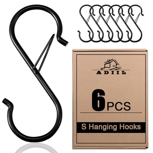 ADIIL 6 Pcs S Hooks for Hanging with Safety Buckle, Heavy Duty Metal S Shaped Closet Hooks for Hanging Plants, Kitchen Utensils, Jeans, Bags, Pots, 3.75 Inch, Black