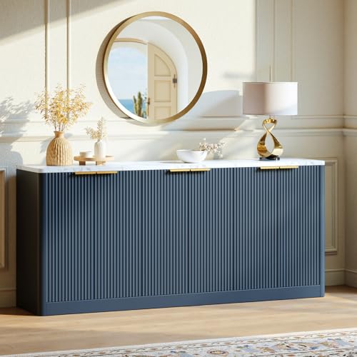 Image of Evermagin 67 inch Fluted Blue Buffet Cabinet Sideboard with Storage, Large Credenza with 6 Doors, Wood Mid Century Modern Sideboard for Kitchen and Living Room (67 inch*31.5 inch*15.7 inch)
