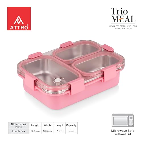 Image of ATTRO Trio Meal Stainless Steel Lunch Box with 3 Partition, Microwave Safe, Airtight Leakproof Silicone Seal Lid, BPA-Free Food Grade Tiffin Box for Office School Kids - 600ml - Pink