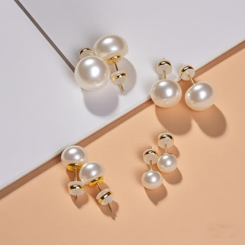 4 Pairs Pearl Stud Earrings 14K Plated Gold Sterling Silver Hypoallergenic Earring stud Flat Round Large size pearl 8mm-14mm Set Earrings for women4