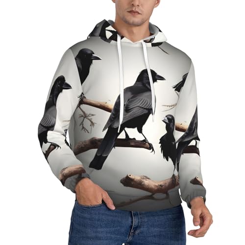 Sweat à capuche homme imprimé corbeau noir pull manches longues avec cordon de serrage quotidien