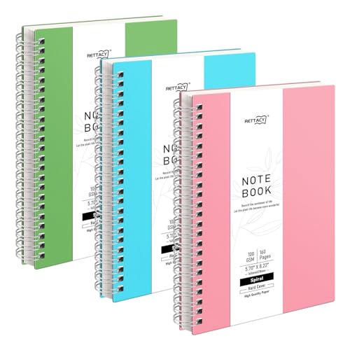 RETTACY A5 Spiral Notebook 3 Pack, Wirebound Colorful Notebooks 80sheets/160 Pages for Writing,100gsm College-Ruled Paper, Flexible Plastic Cover, for Women Men Work Office School,14.5 x 21cm