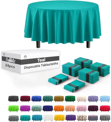 Image of Exquisite Teal Plastic Table Cloth - 84-Inch Round Disposable Tablecloth for Parties - Round Tablecloth - Disposable Table Cloths for Parties - Plastic Table Cover for Picnics