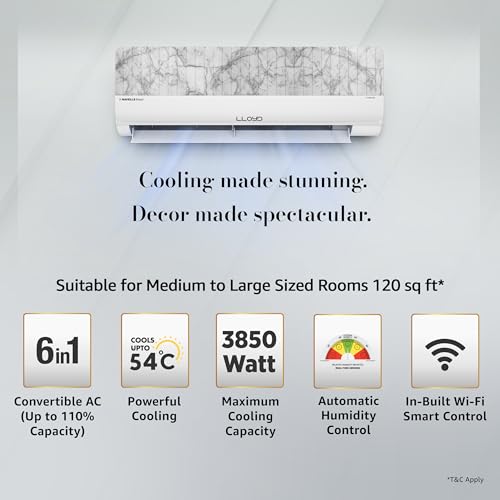 Image of Lloyd Stylus 1 Ton 3 Star Wi-Fi Inverter Split AC, 2026 New Star Rated (Changeable Fascia, 6 in 1 Convertible, Cools Up To 54C, Automatic Humidity, DG Mode, Ice Clean, Wood & Marble, GLS12V3ASNMR)