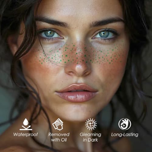 Image of Glitter Freckles, 24PCS Glitter Freckles Face Tattoo, Sparkle Freckles for Women, Waterproof Gold Temporary Face Tattoos Glitter Glow Up Patches Makeup Patches Festival (Green 10pcs)