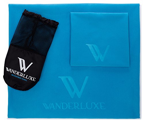 Wanderluxe Microfiber Towel, 60 X 28-Inches with Hand Towel & Storage Bag, Sapphire Blue