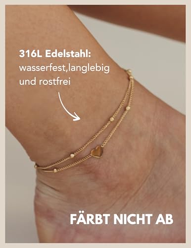 GD GOOD.designs Fußkettchen Herz Gold für Damen - Wasserfest I Mehrreihige Fußkette - Verstellbar I Filigraner Edelstahl Fußschmuck mit 18K Vergoldung