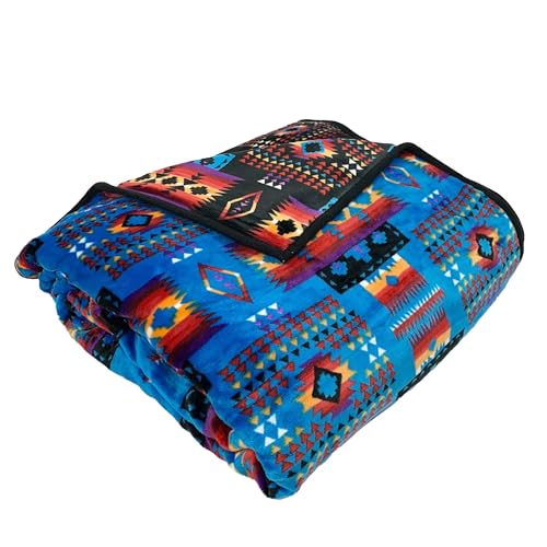 Sacred Thread Fleece Blanket 79”x95” South Western, Reversible Mexican, Vibrant Aztec Blankets and Throws for Aztec Decor for Home, Native American Big Floral Boho Blanket, Flannel Blue Queen