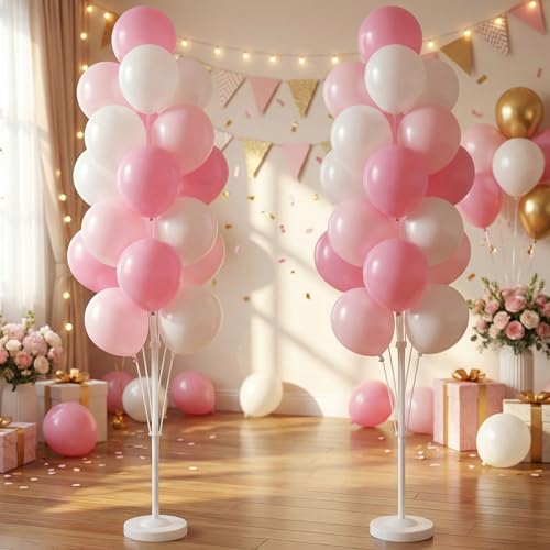 Image of Balloon Column Kit Set of 2 With Baby Pink Chrome Balloons Included - with Base,Pole,Balloon Tower Backdrop Decoration for Wedding,Baby Shower, Birthday,Princess Party, or Bachelorette