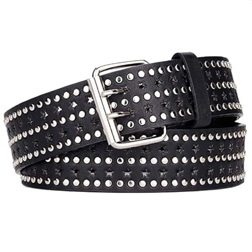 Yalice Star Studded Belt for Women Punk PU Leather Belt Double Hole Grommet Belt Gothic Goth Rivet Jeans Waist Belt for Men