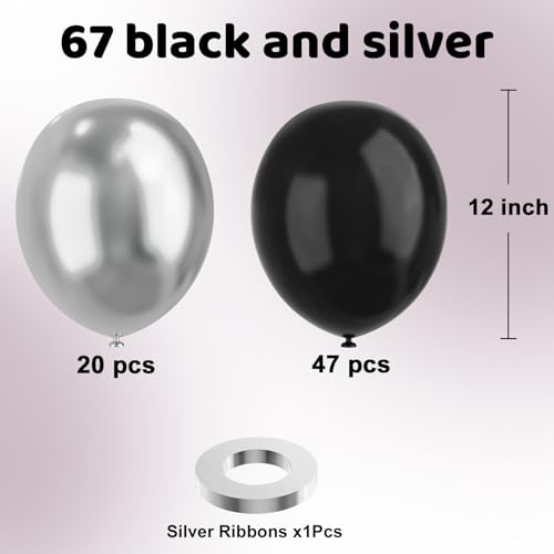 Image of Black and Silver Balloons, 67pcs 12 Inch Metallic Silver and Black Balloons for Birthday, Baby Shower, Wedding, and Engagement Party Decoration