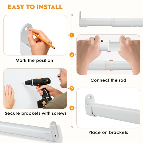 Clothes Rail Heavy Duty for Wardrobe White, 25 mm Wall-Mounted Oval Hanging Rail, Extendable Wardrobe Rail with 2 Brackets, 43-101 cm - Image 5