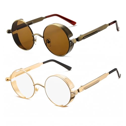 HJSTES Vintage Round Steampunk Sunglasses for Women Men Circle Gothic Glasses Retro Metal Frame(Brown Lens/Bronze Frame+Clear Lens/Gold Frame)