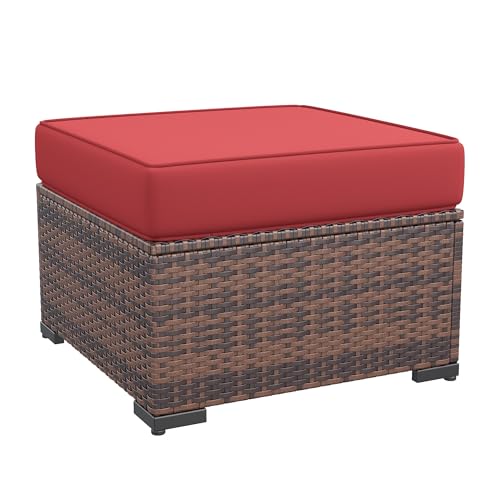 Image of Amopatio 2 Pieces Outdoor Ottoman for Patio, Foot Rest for Couch, All Weather Outdoor Patio Footstool Rattan Patio Ottoman with 4 inch Thick Removable Cushion (Burgundy)