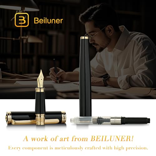 Image of BEILUNER Black Fountain Pen,Stunning Luxury Pens with 24K Gold Accents, Gorgeous 24K Gilded Nib(Extra Fine), Fancy Pen Gift for Men&Women -Ink Converter-Elegant, Reliable,Christmas Presents, Nice Pen