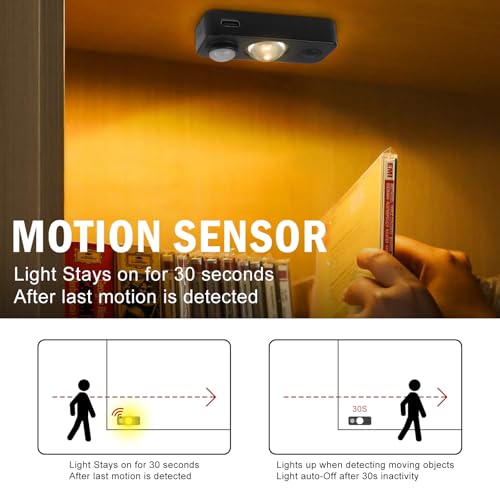Image of Black Motion Sensor Night Light, Wireless Rechargeable Puck Lights for Cabinet, Dimmable Stick on LED Closet Lights, Warm White Motion Sensor Light Indoor(4 Pack)