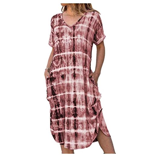 Morbuy Sommerkleider Damen Maxikleid Modisches Drucken und Färben Maxi Kleid Lange Kleider V-Ausschnitt Strandkleid Casual Ärmellos Abendkleid Strandkleid Party Kein Zubehör (2XL,Rotwein)
