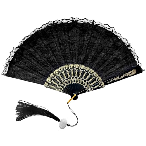 GWAWG Ventilatore a Mano Pieghevole in Pizzo Nero Con Pendente, Ventilatori Eleganti Tenuti a Mano, Ventilatore a Mano Pieghevole per Decorazioni Domestiche Regalo Festival, Matrimonio, Festa.